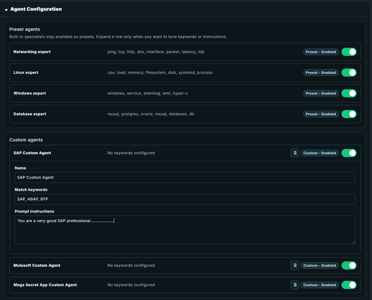 Pardinus agent configuration and routing for chat and RCA requests