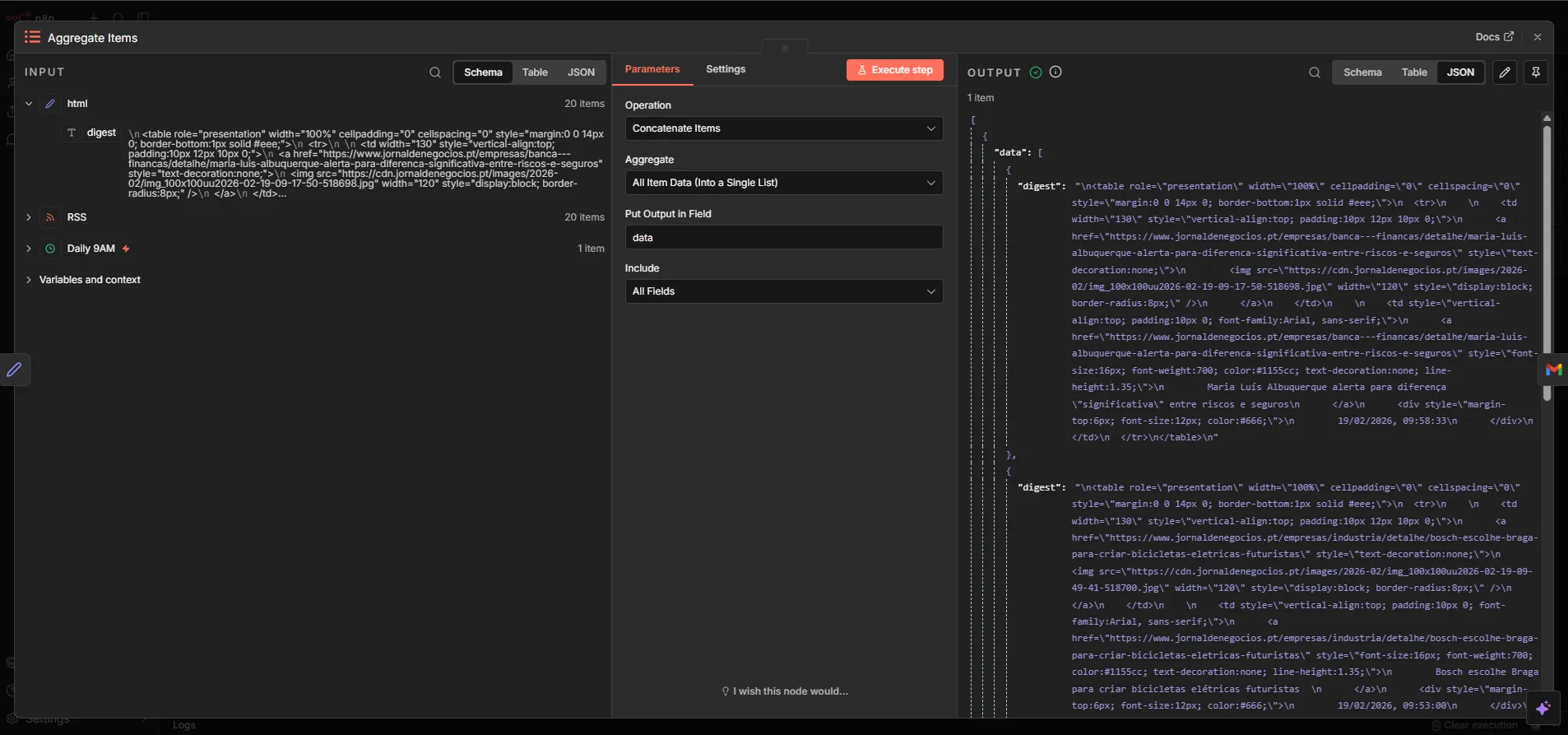 n8n Aggregate Items node combining multiple RSS entries into a single dataset for an email digest workflow