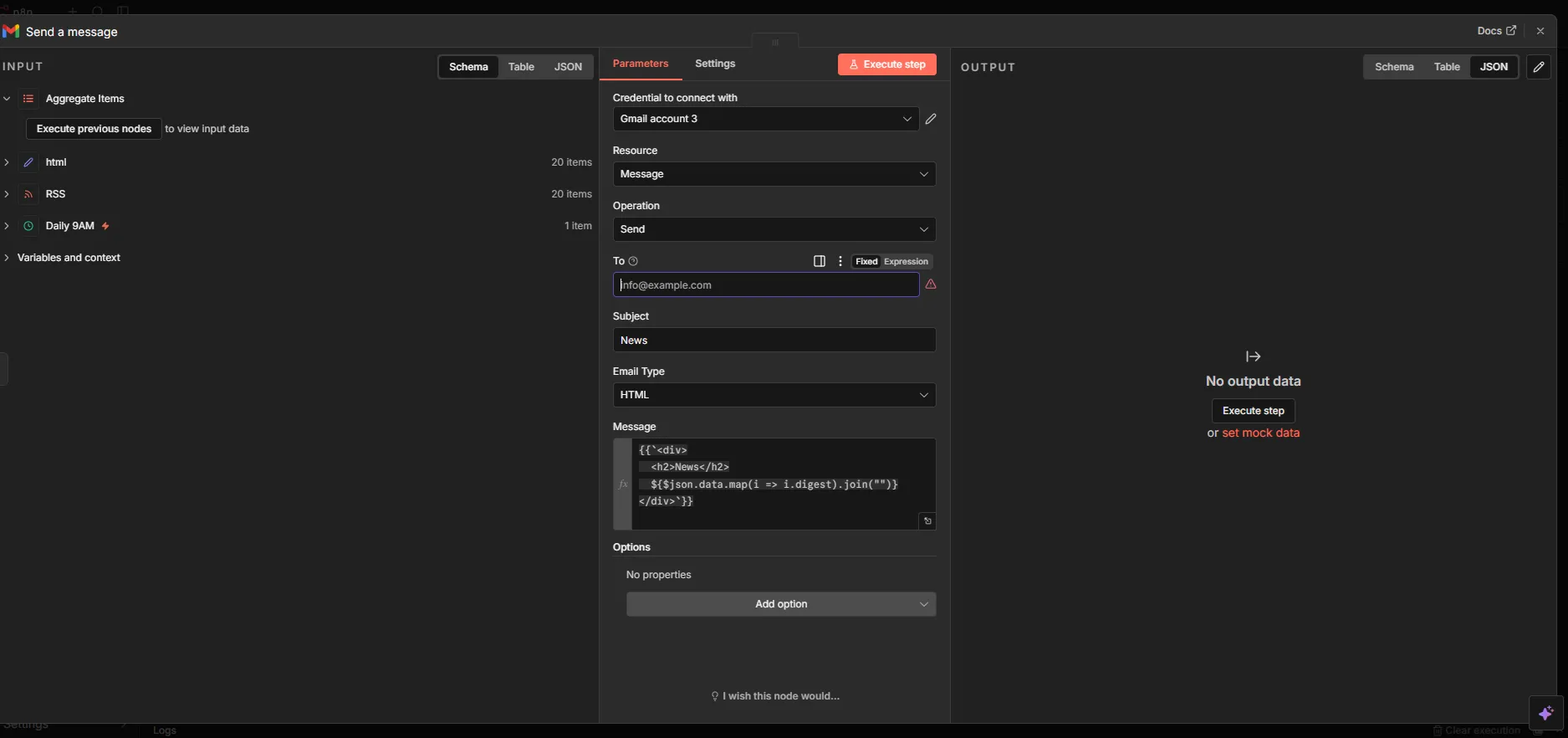 n8n email node configured to send an automated HTML news digest generated from RSS feeds