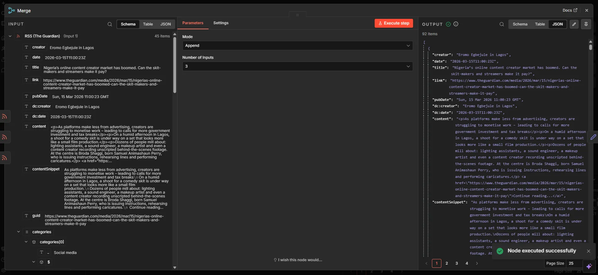 n8n Merge node combining multiple RSS feed inputs into a single workflow data stream