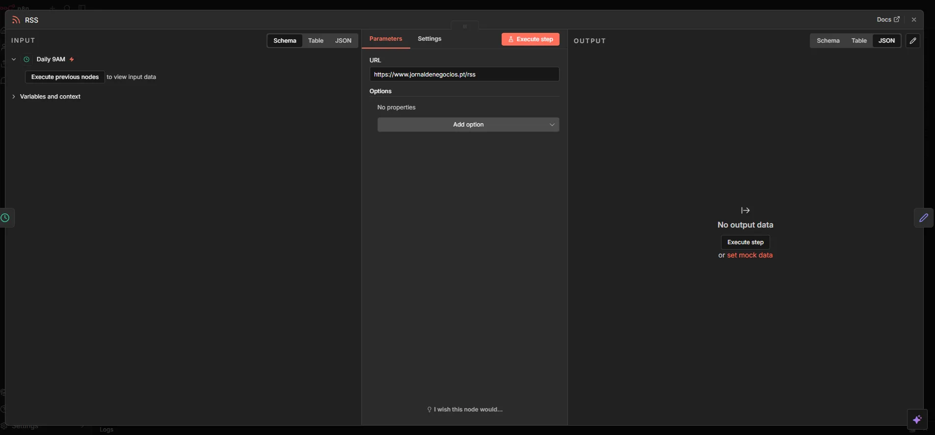 n8n RSS feed node configured with a feed URL to retrieve news articles for an automation workflow