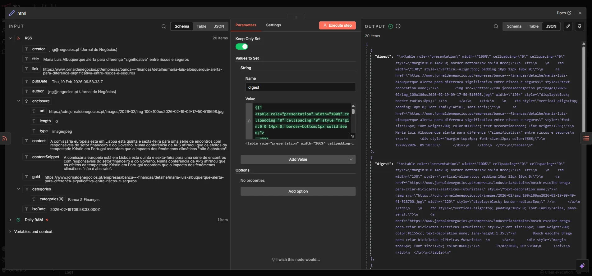 n8n Set node formatting RSS data into HTML for an automated email digest workflow