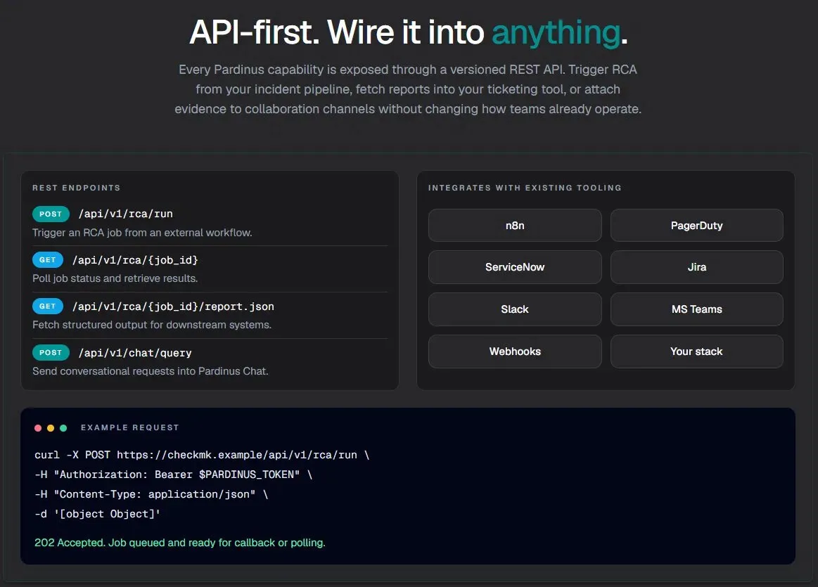 Pardinus report knowledge base and API-first integration view for wiring RCA data into external workflows