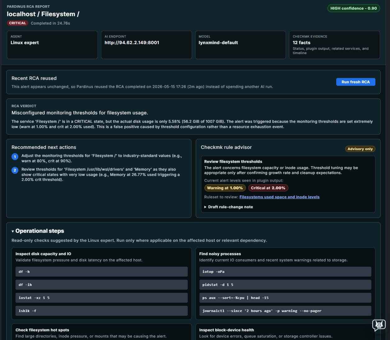 Pardinus RCA result page with verdict, confidence, and next actions