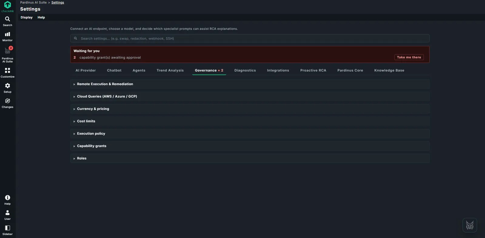 Pardinus settings on the Governance tab showing capability grants awaiting approval