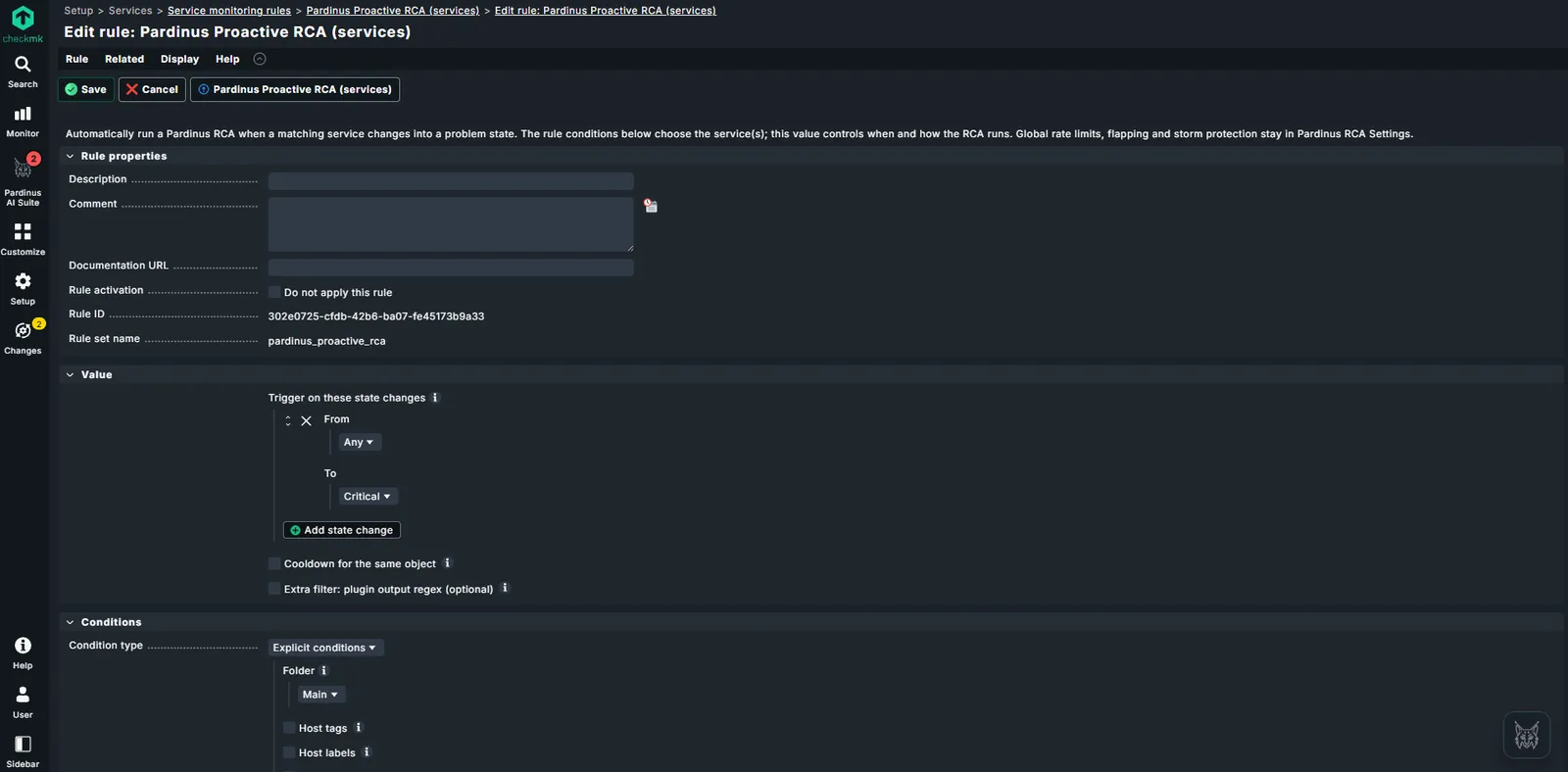 Checkmk ruleset editor for Pardinus Proactive RCA on services