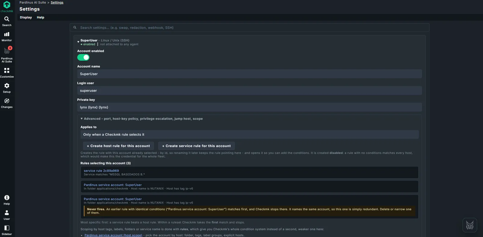 Pardinus service account settings listing the Checkmk rules that select it, including a rule that never fires